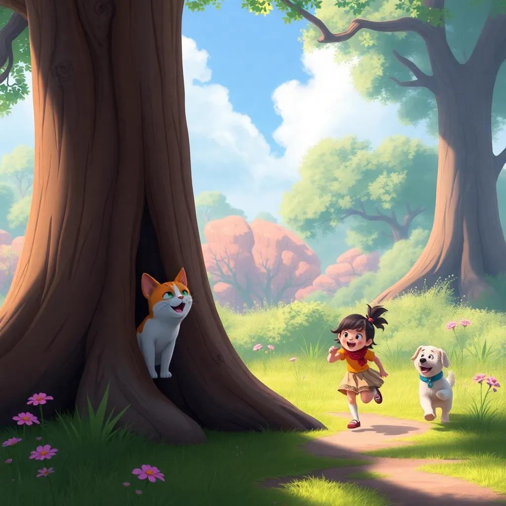 A small cat hiding behind a big tree, with Sami and his dog nearby looking excited, the girl running towards the cat with joy, colorful digital art, playful mood, uplifting perspective