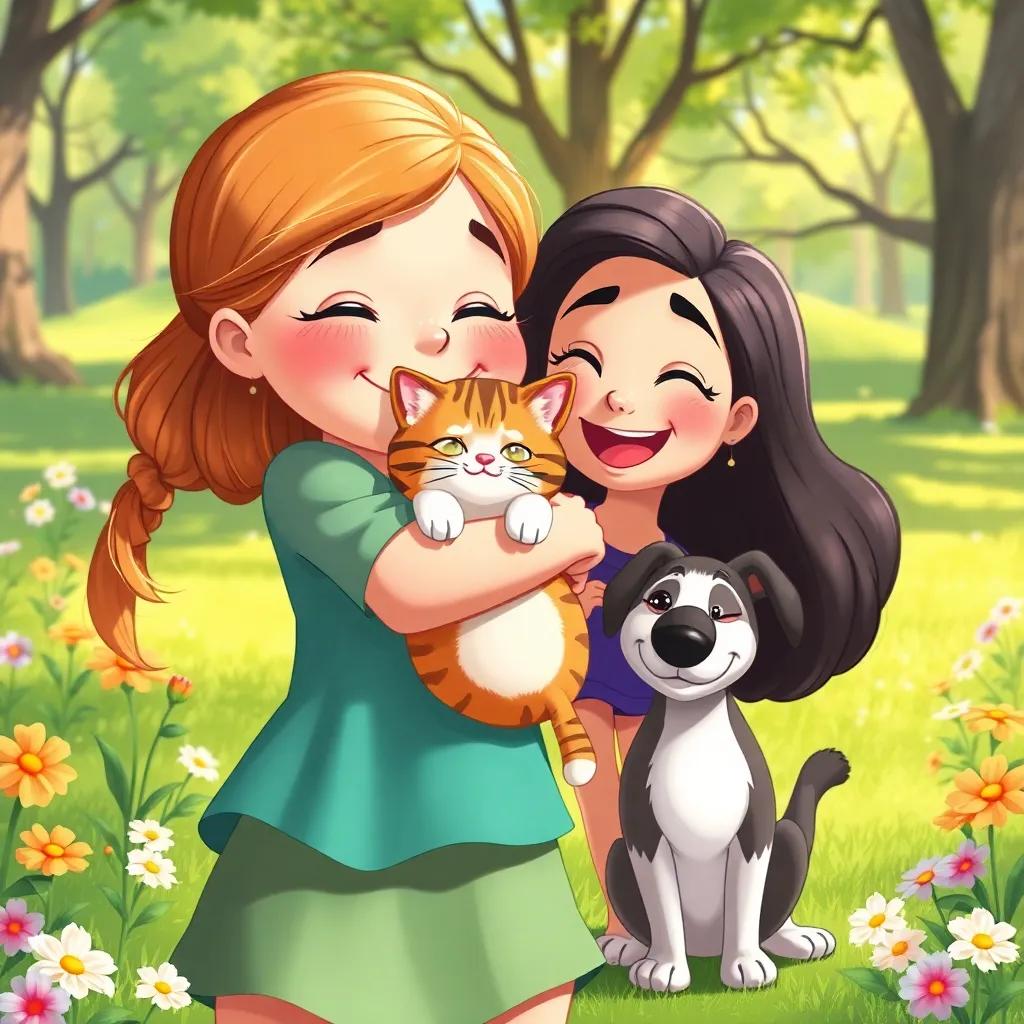 The girl hugging her cat tightly with tears of joy in her eyes, while Sami and the dog stand beside her smiling, in a sunny park with flowers around, heartwarming illustration, vibrant colors, emotional