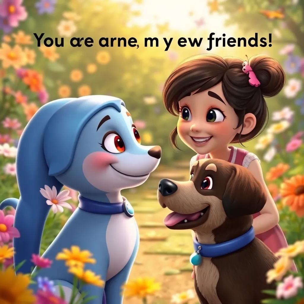 The girl smiling at Sami and the dog, saying, "You are my new friends!", with a colorful garden background filled with flowers and butterflies, cheerful art, inviting atmosphere, joyful