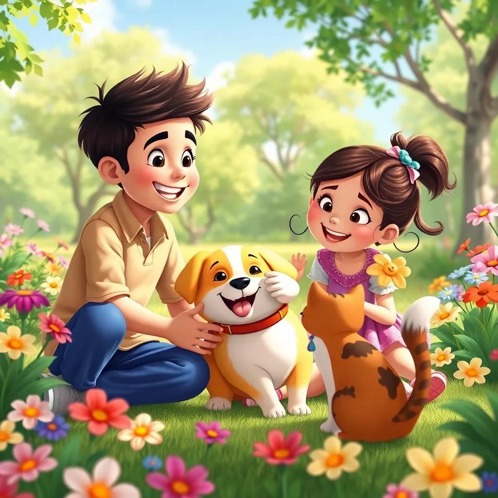 Sami, the boy, and his dog playing happily together in the park with the girl and her cat, surrounded by colorful flowers and enjoying a sunny day, fun and friendly scene, bright colors, engaging illustration