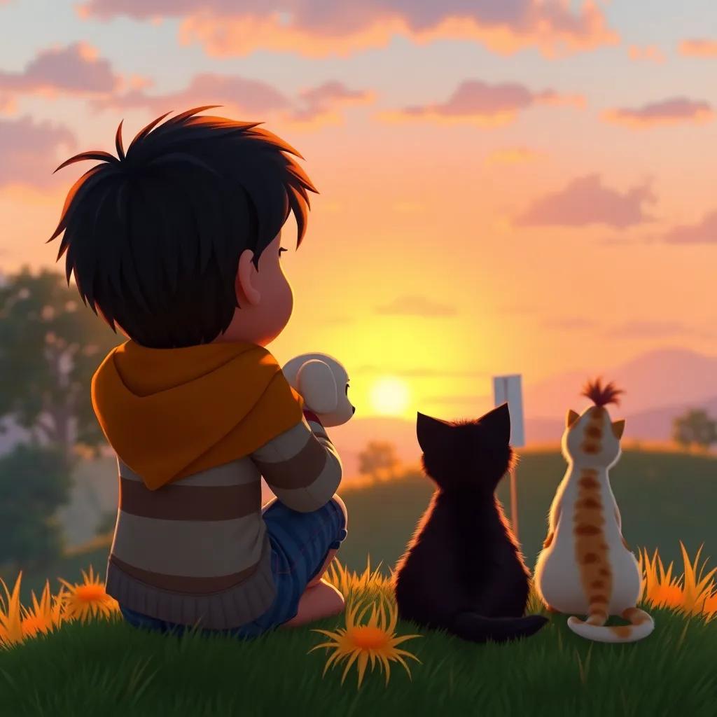 Sami, the boy, with his small dog, looking out at the sunset with the girl and her cat, sitting on a grassy hill, reflecting on their wonderful day, peaceful digital art, warm colors, serene atmosphere