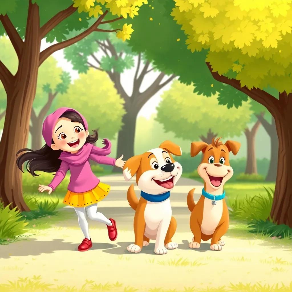 The three friends, Sami, the girl, and the dog, playing together every day in the park, having fun with laughter and joy, illustrated in a vibrant and friendly style, capturing their lasting friendship