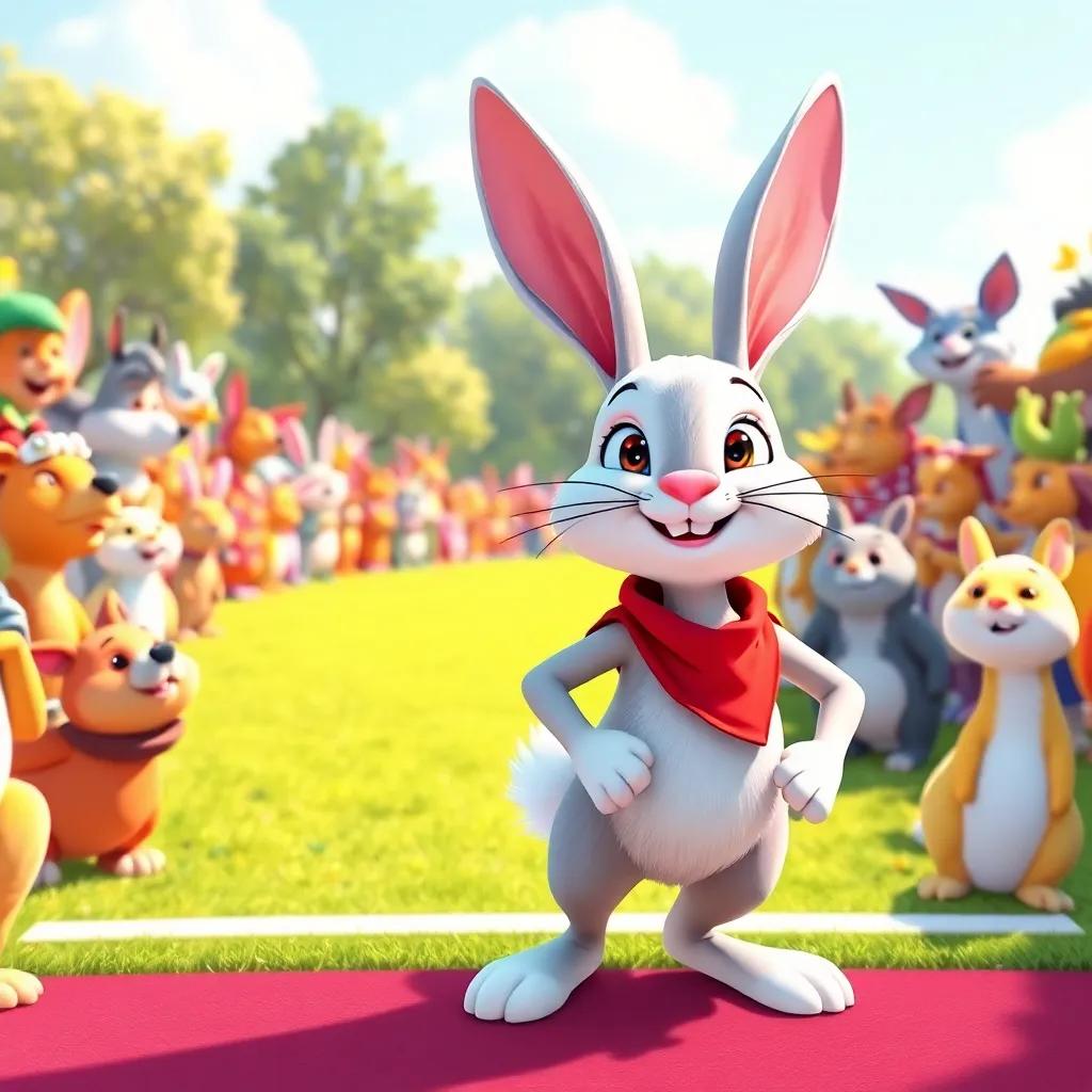A swift rabbit with white fur and a red bandana, confidently standing at the starting line in a sunny meadow surrounded by cheering animals, colorful, bright, cheerful atmosphere, illustration, high quality