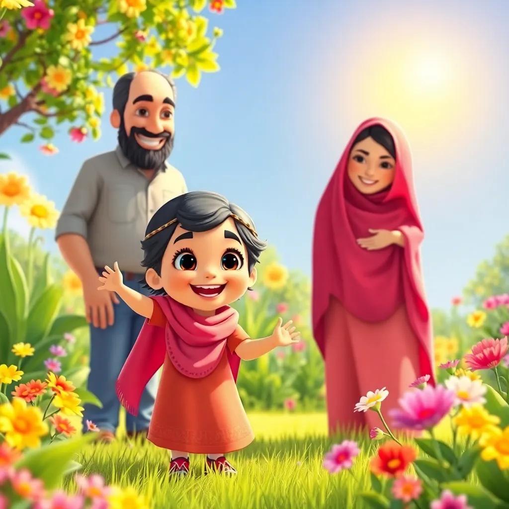 A cheerful young Arab girl, Sahab, playing in a sunny garden with her father Abdullah and mother Tahani, colorful flowers and a bright sun, digital art, vibrant colors, joyful atmosphere, high quality