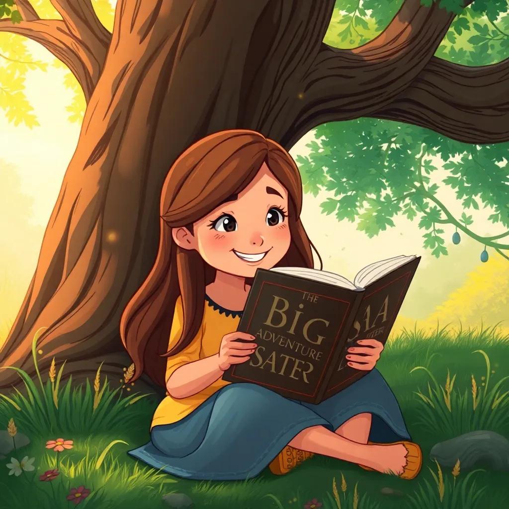 A big sister, Saba, reading an adventure book under a large tree, with her long hair and a cheerful expression, detailed illustration, warm colors, peaceful setting, engaging