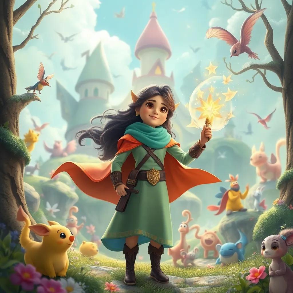 Sahab imagining herself as a hero in a magical world with wonderful creatures, dreamy atmosphere, whimsical colors, fantasy style, imaginative