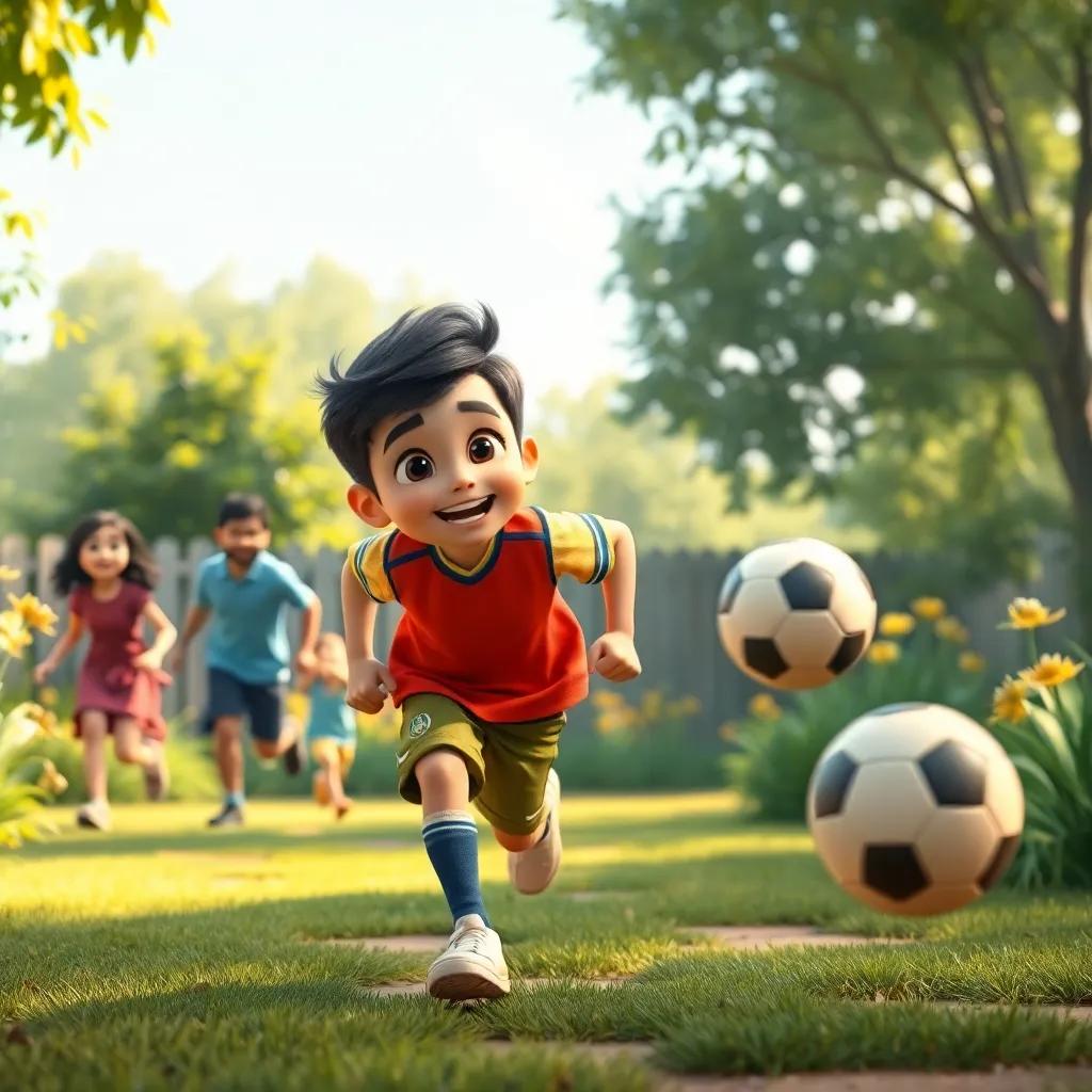 A big brother, Mushar, running with a soccer ball, inviting scene with family playing together in a garden, energetic vibe, colorful, joyful light, action-filled
