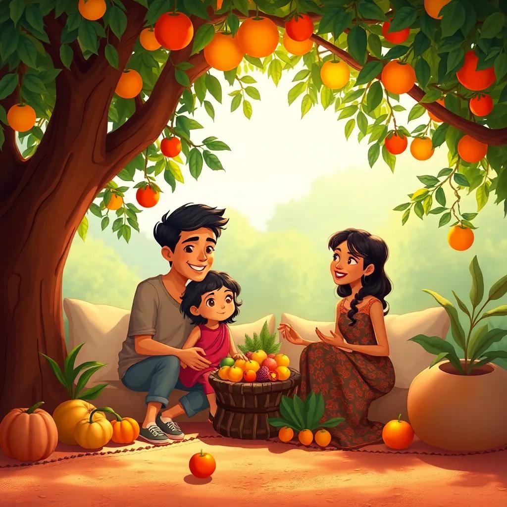 The family sitting under the tree relaxing together, with Tahani providing delicious fruits, warm and inviting atmosphere, rich colors, cozy vibe, heartwarming