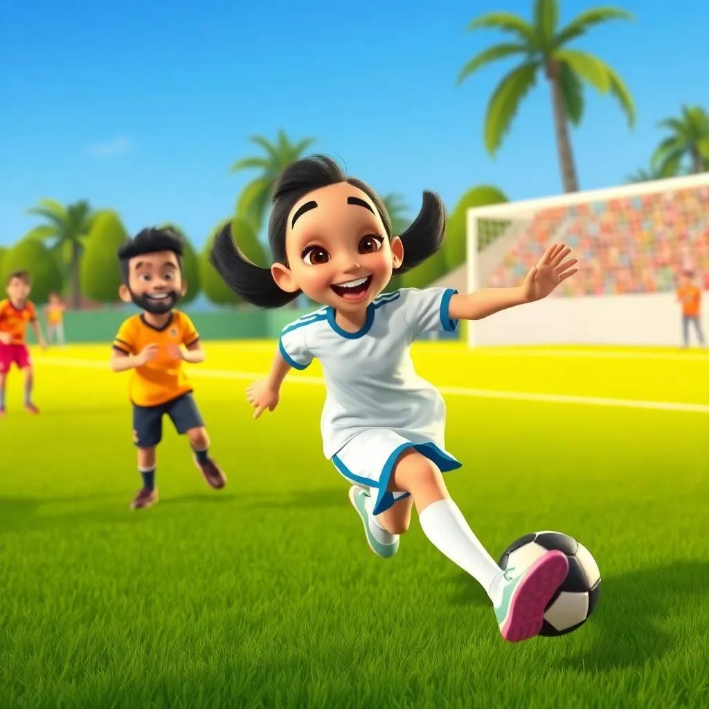 Sahab joyfully running and trying to score in soccer, with Abdullah cheering her on, lively scene, bright colors, dynamic, friendly