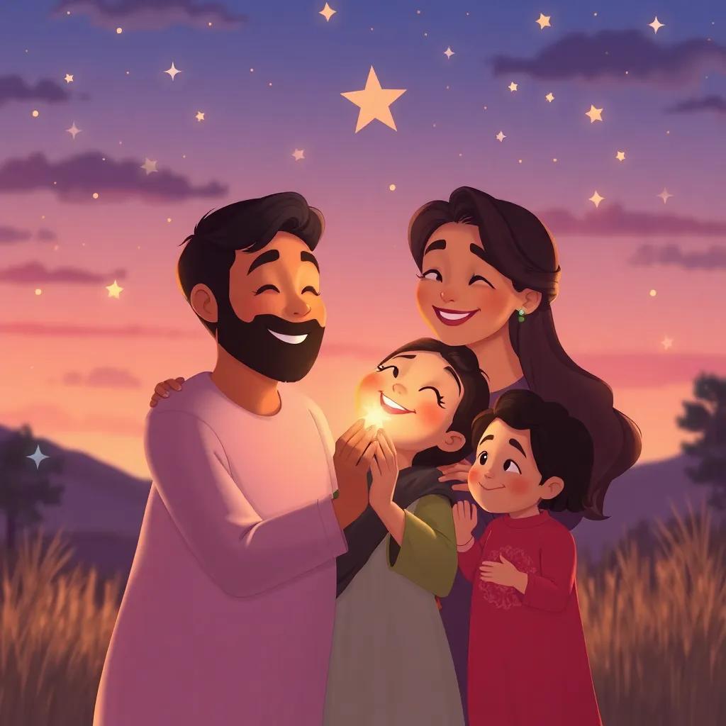 Sahab feeling grateful and happy, surrounded by her loving family with stars shining in the twilight sky, magical evening view, enchanting colors, soft glow and warmth, sentimental