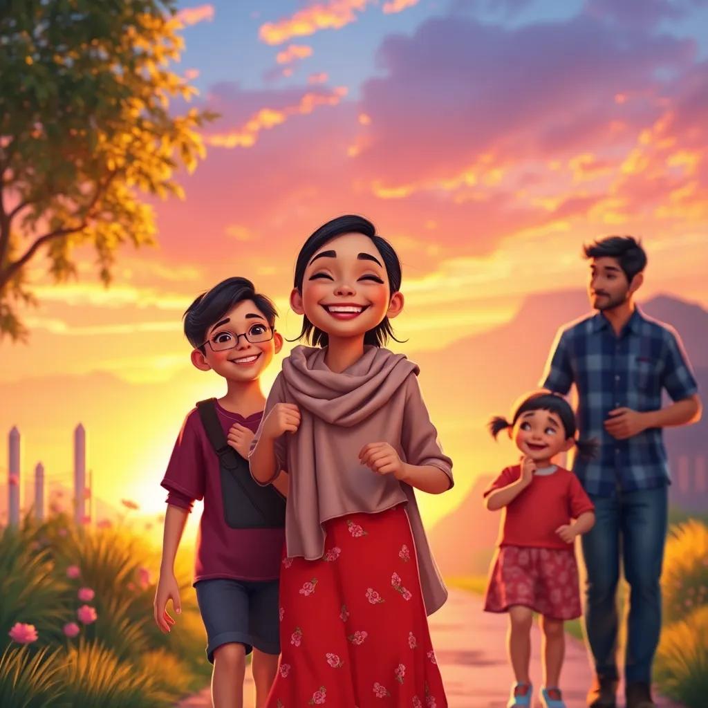Sahab smiling happily while walking home with her family, vivid sunset in the background, celebrating family love and unity, bright and cheerful atmosphere, uplifting