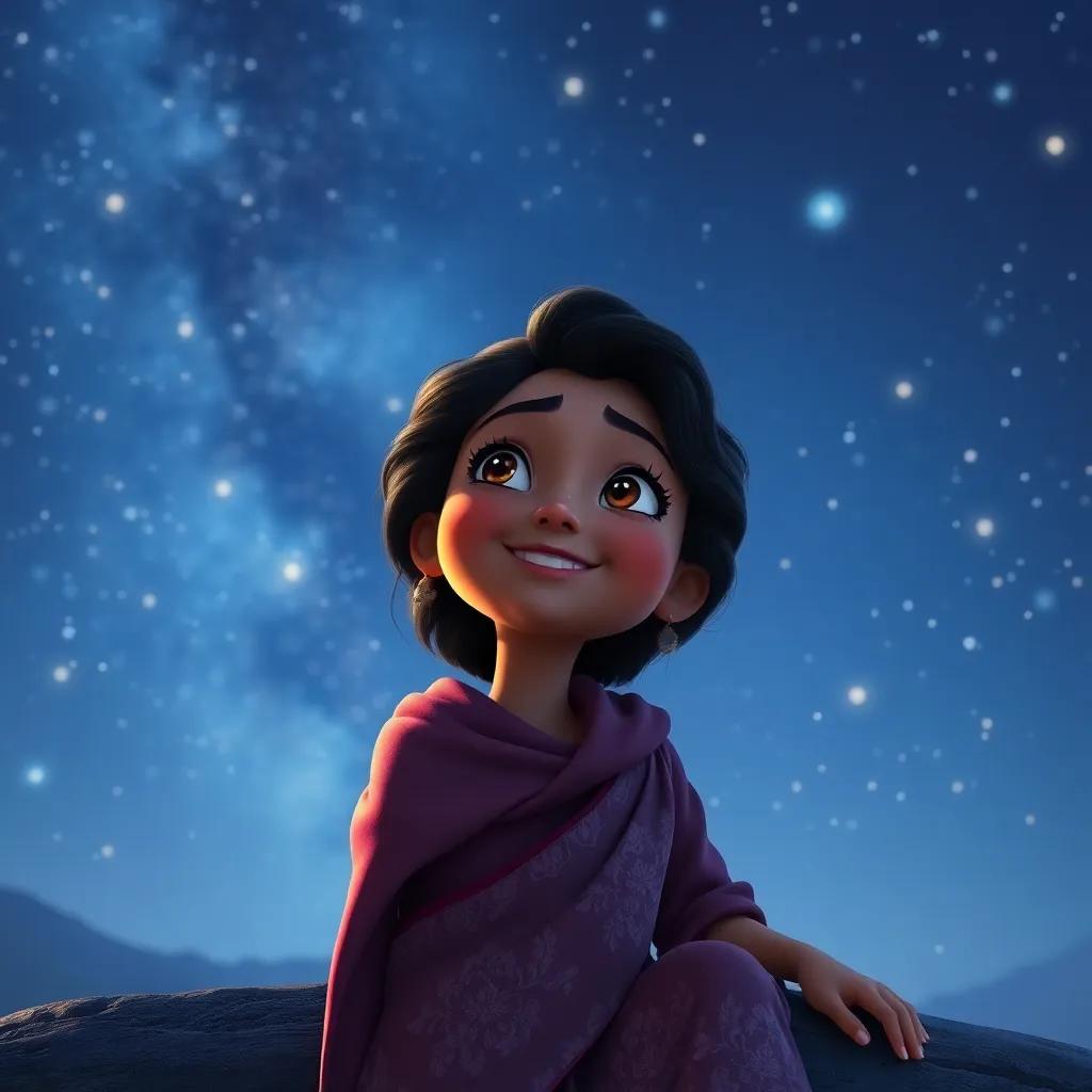 Sahab thinking and smiling, as the stars twinkle in the night sky, dreaming about more adventures with her family, magical and peaceful, soft shining light, enchanting