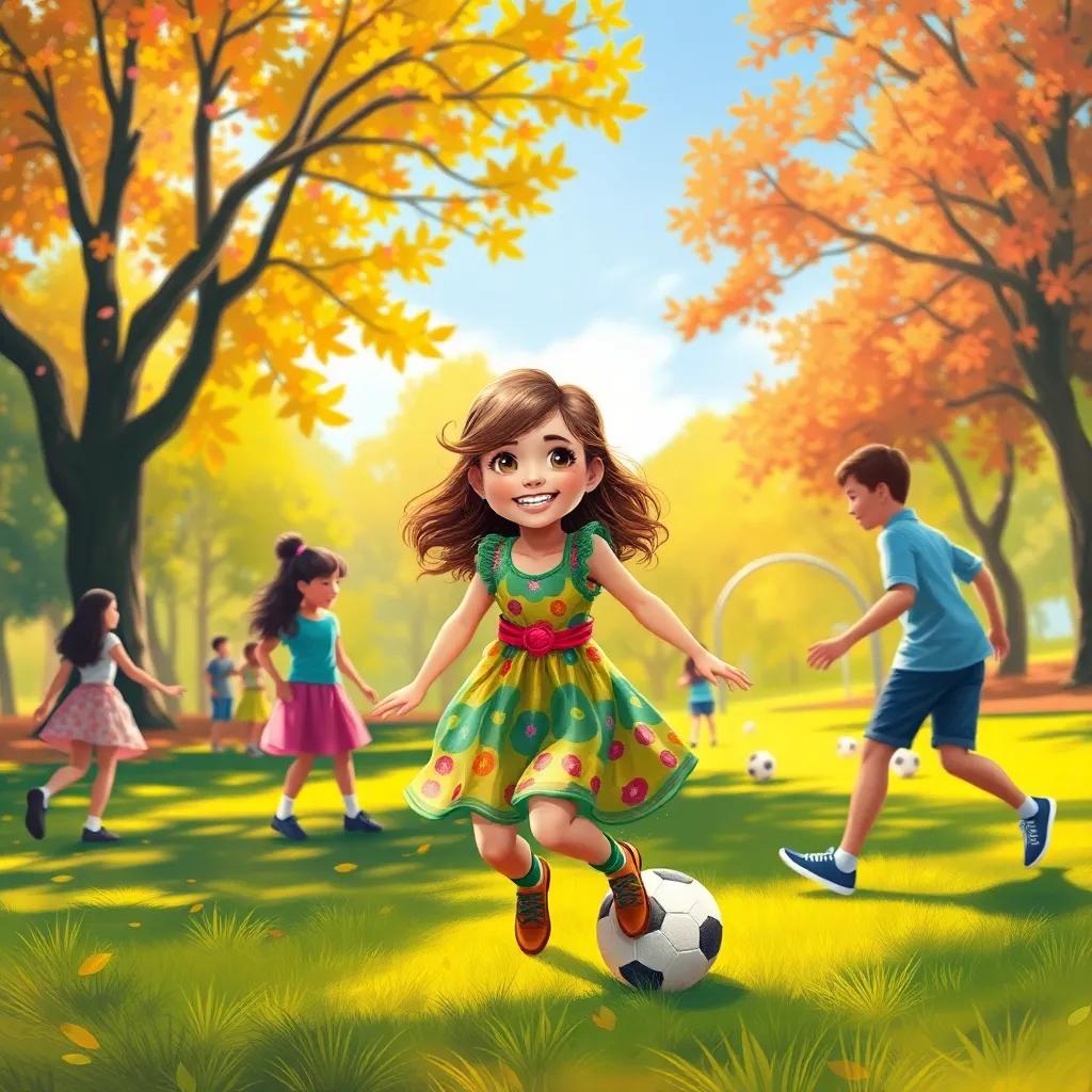 A cheerful girl named Sahab, wearing a colorful dress with a big smile, playing soccer with her friends in a sunny park, vibrant atmosphere, playful, digital art, lively colors, warm sunlight