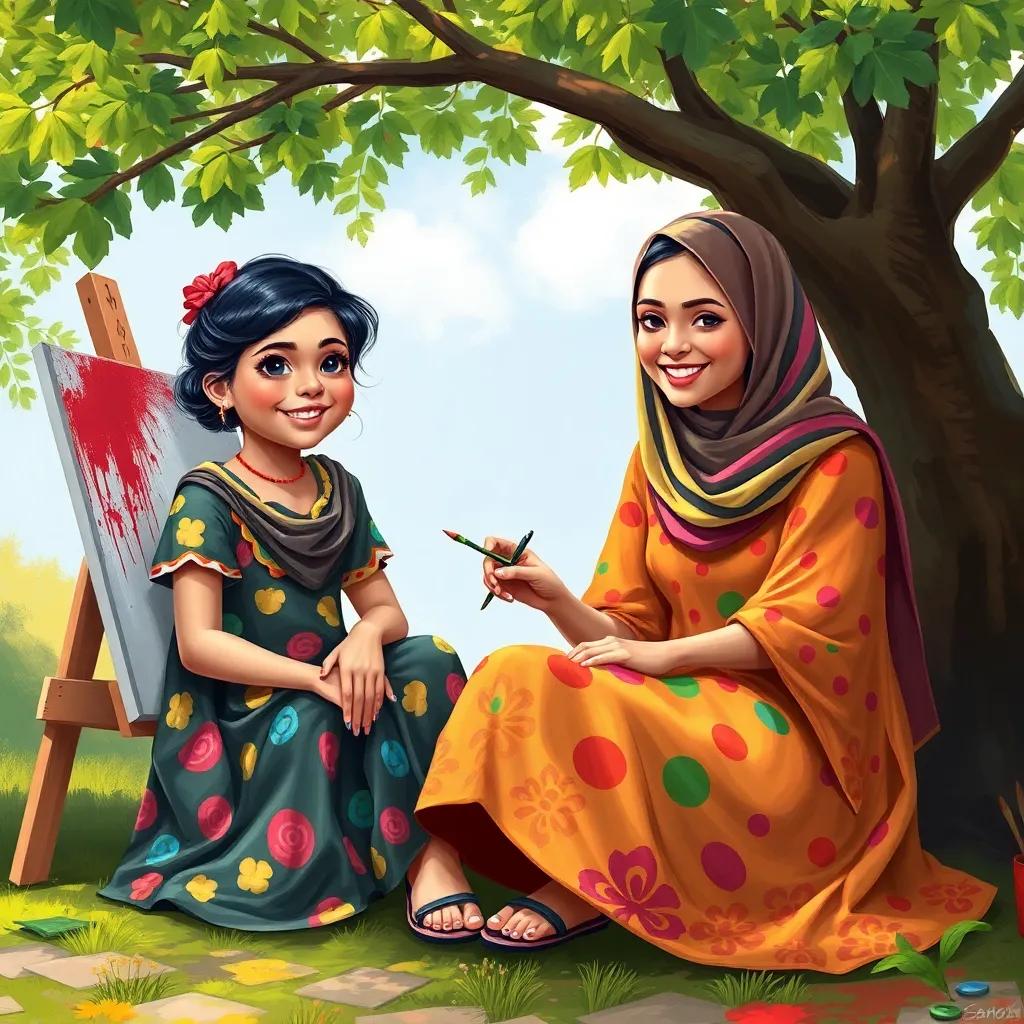 Sahab, a cheerful girl in a colorful dress, sitting beside her friend Suad, who is painting on a canvas under a shady tree, colorful paints and happy expressions, inviting atmosphere, digital art, cheerful and artistic, bright colors