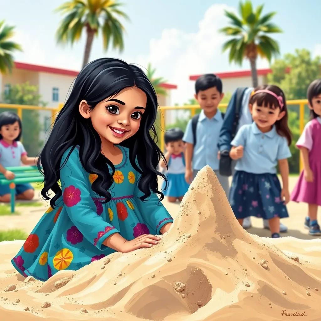 A cheerful scene in a school playground on a sunny day, featuring Sihab, a young Arab girl with long black hair wearing a colorful dress, playing with her friends in a sandcastle building activity, bright and inviting colors, joyful atmosphere, high quality