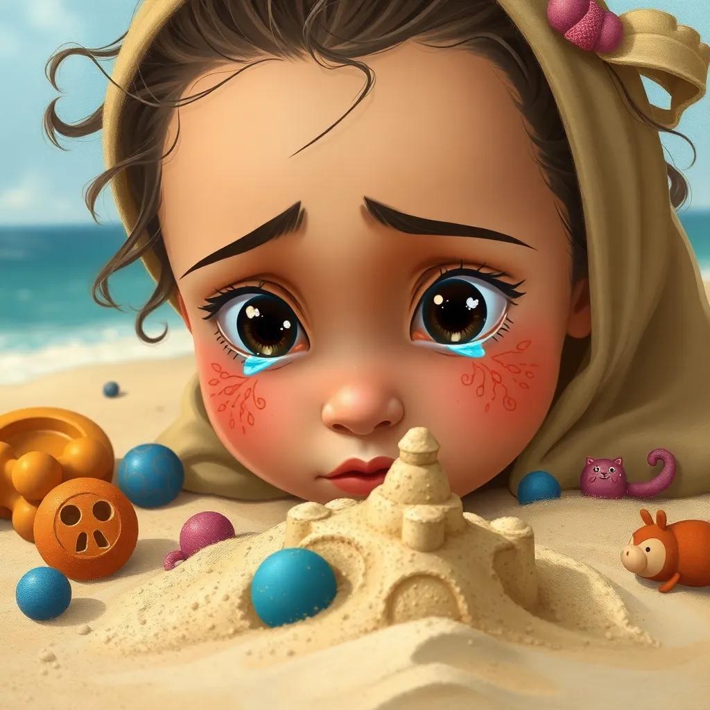 A close-up of Sihab looking sad after her sandcastle is knocked down, showing her expressive face with tears in her eyes, surrounded by playful sand and toys, soft colors, emotional focus, detailed illustration