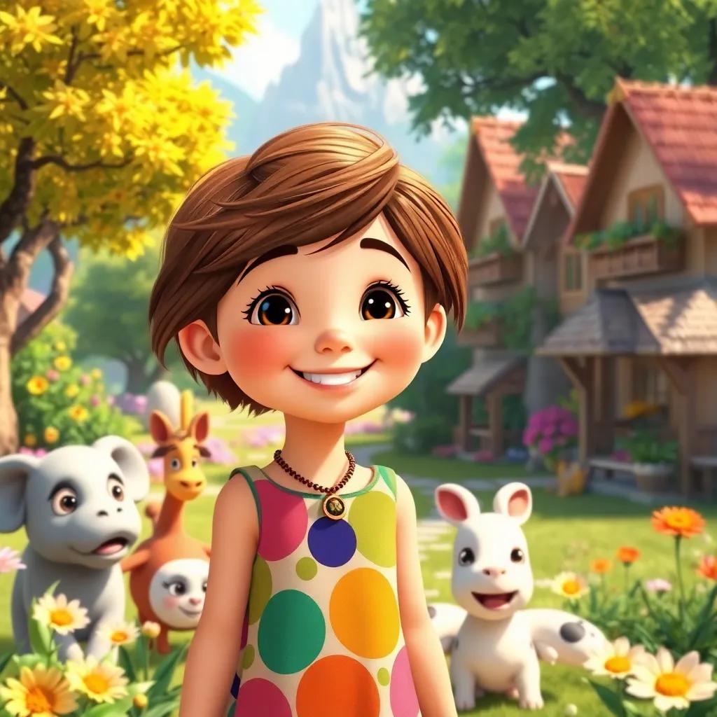 A cheerful young girl, Soad, with short brown hair wearing a colorful dress, in a beautiful village surrounded by trees and flowers, smiling and playing with her diverse friends, detailed digital art, vibrant colors, sunny atmosphere, high quality