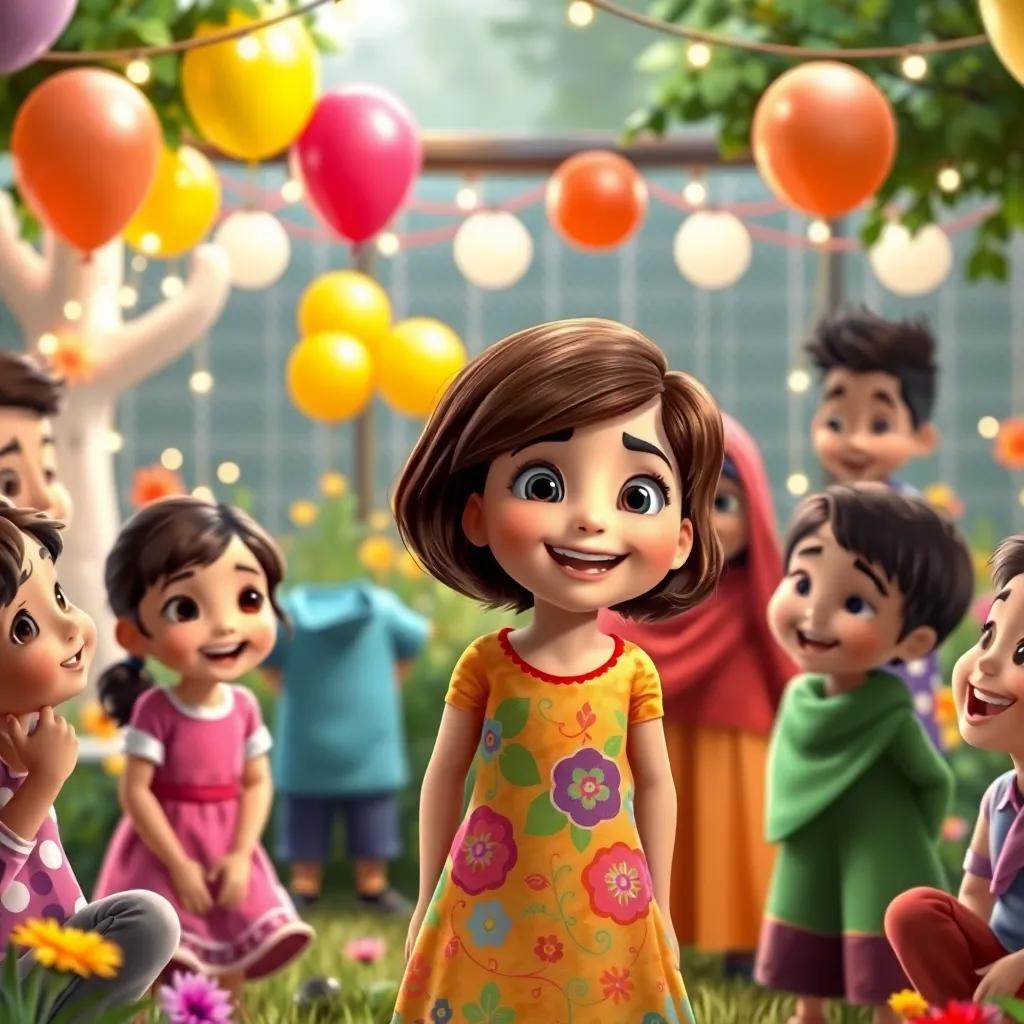 A joyful gathering of children from different backgrounds, including a girl, Soad, with short brown hair, wearing a colorful dress, inviting others to share stories and celebrate their cultures, in a decorated garden with balloons and lights, colorful, festive, child-friendly atmosphere, high quality