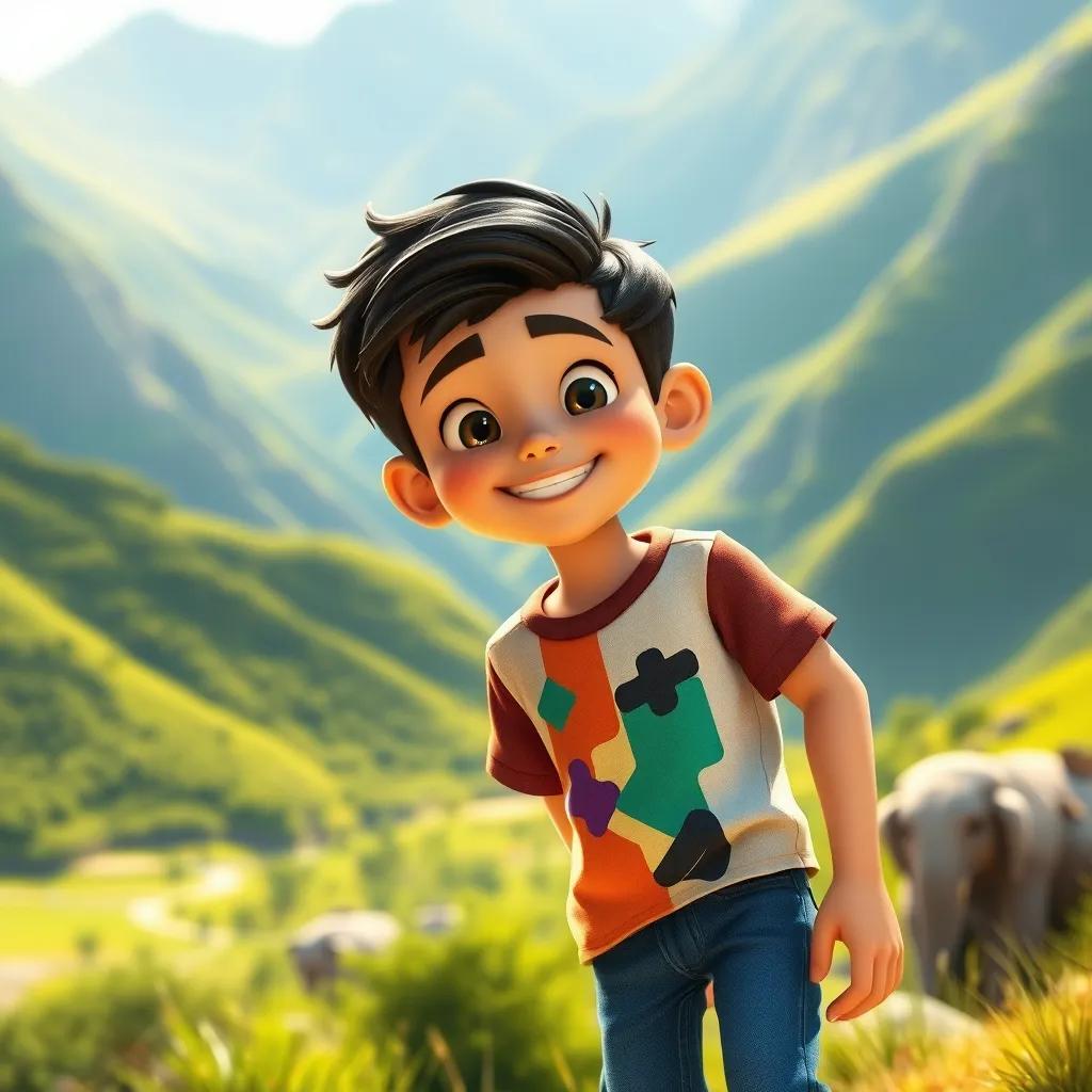 A young Arab boy, سعيد, with short dark hair, wearing a colorful t-shirt and jeans, smiling as he explores a serene valley surrounded by lush green mountains, digital art, bright and cheerful, warm sunlight, high quality