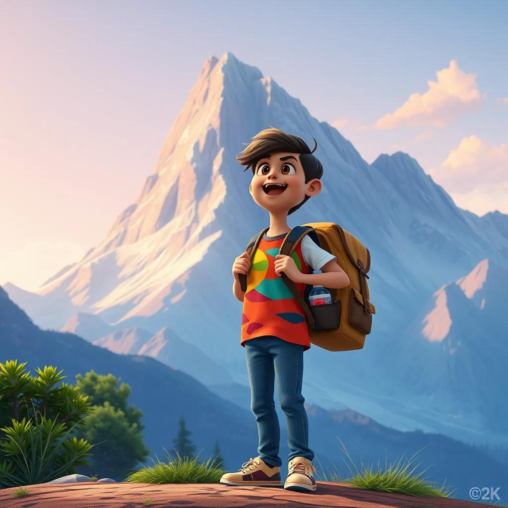 A young Arab boy, سعيد, with short dark hair, wearing a colorful t-shirt and jeans, standing excitedly at the foot of a tall mountain, preparing his backpack with snacks and water, illustration, vibrant colors, adventure atmosphere, high quality