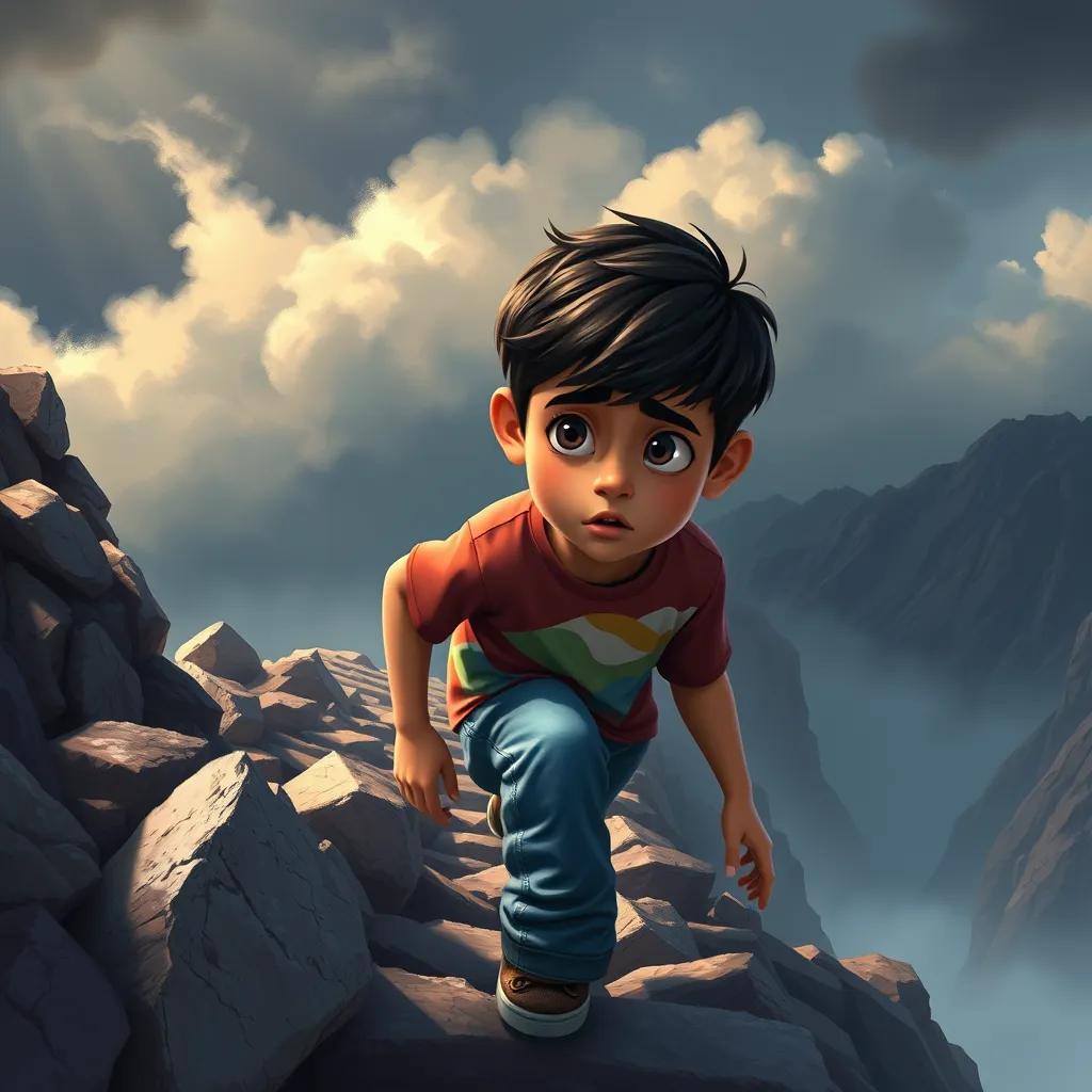 A young Arab boy, سعيد, with short dark hair, wearing a colorful t-shirt and jeans, climbing up a rugged mountain path as dark clouds gather above, looking a bit worried, digital painting, dramatic light, contrasting colors, high quality