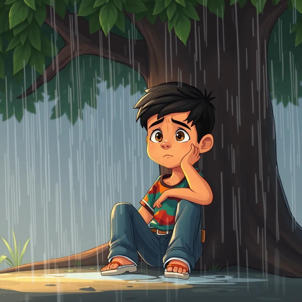 A young Arab boy, سعيد, with short dark hair, wearing a colorful t-shirt and jeans, sitting under a large tree, soaked by rain, with a worried look on his face while the rain pours around him, illustration, somber colors, high quality