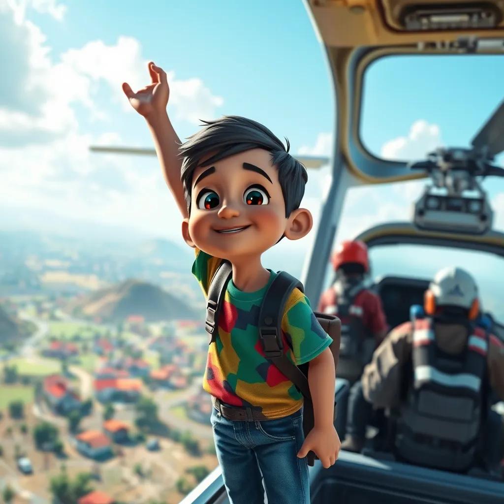A young Arab boy, سعيد, with short dark hair, wearing a colorful t-shirt and jeans, being rescued by a helicopter with a rescue team, looking relieved and grateful as he sees the village below, digital art, vibrant colors, uplifting atmosphere, high quality