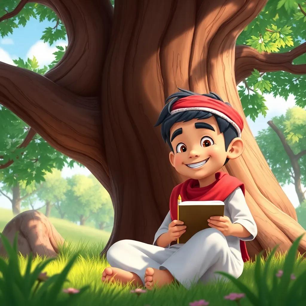 A young Arab boy, Sami, sitting under a big tree with a notebook and pencil, smiling as he thinks about his story, surrounded by nature, digital art, bright colors, cheerful atmosphere, high quality