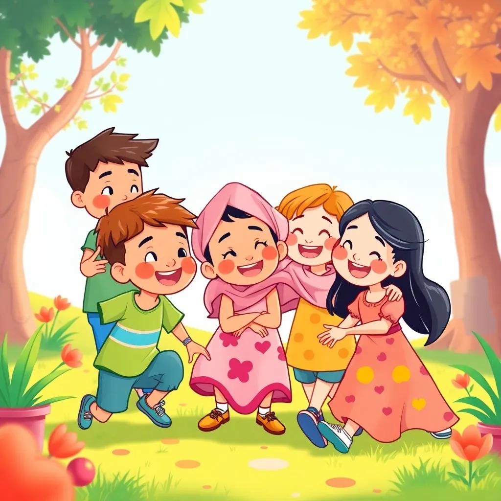 A colorful illustration of Sami's story showing joyful children playing together, blending different cultures, with smiles and laughter, vibrant colors, child-friendly, engaging perspective, high quality