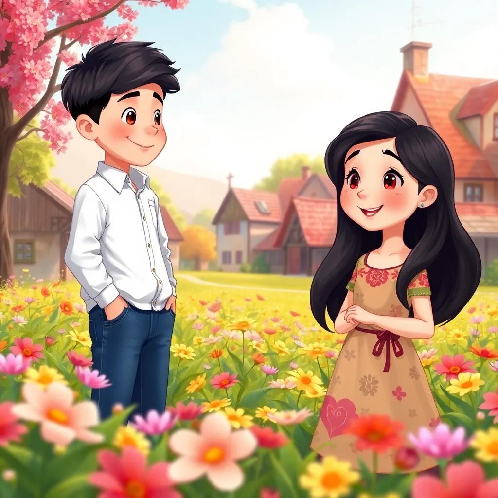 A young girl, سلام, with long, dark hair, wearing a colorful dress, standing in a beautiful flower field, smiling as she talks to ناصر, a young boy with short black hair wearing a white shirt and jeans, in a quaint village surrounded by nature, illustration, cheerful, warm colors, high quality