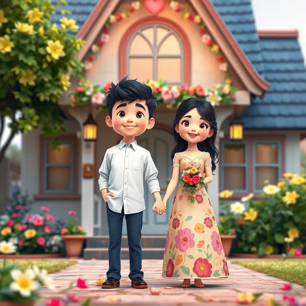 ناصر, a young boy with short black hair wearing a white shirt and jeans, and سلام, a young girl with long, dark hair wearing a colorful dress, holding hands and smiling in front of a charming house, decorated for their wedding day, bright flowers around them, joyful atmosphere, high quality
