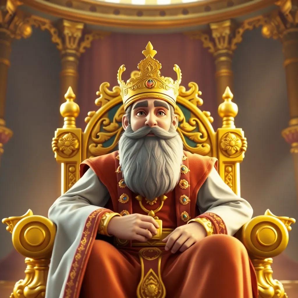 A wise king, Solomon, with a long beard, wearing a golden crown and royal robes, sitting on a grand throne made of gold and jewels, in a bright palace, digital art, majestic atmosphere, warm light, high quality