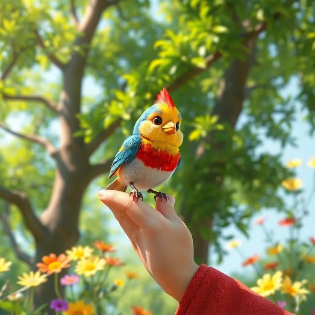 A small bird, colorful feathers, perched on King Solomon's hand, surrounded by lush green trees and bright flowers, sunlight filtering through, cheerful, child-friendly