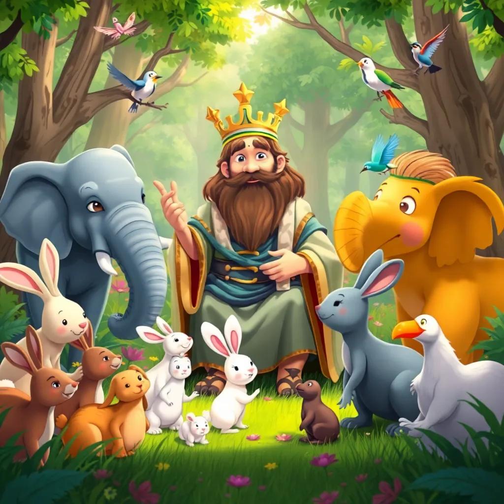 King Solomon, gently talking to various animals, rabbits, elephants, and birds, in a vibrant forest, all animals gathered around him, harmonious and inviting atmosphere, illustration, colorful, whimsical