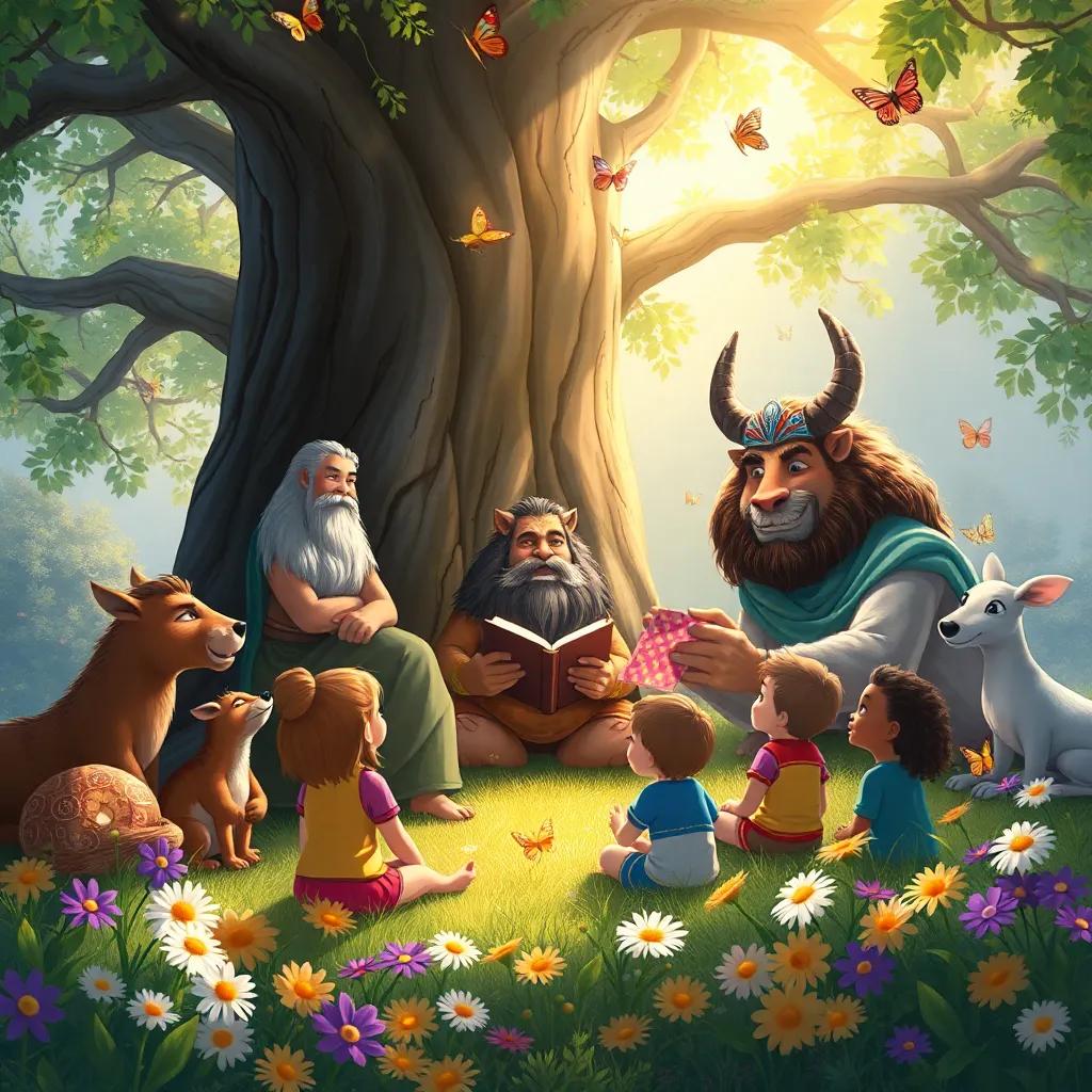 A serene scene of King Solomon and animals sharing stories under a large tree, children listening happily, surrounded by bright flowers and butterflies, heartwarming, magical feeling, digital painting, rich colors