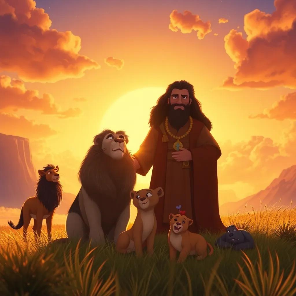 A beautiful sunset behind King Solomon, with animals peacefully living together in harmony, showcasing friendship and love, inspiring and uplifting, warm tones, enchanting scene