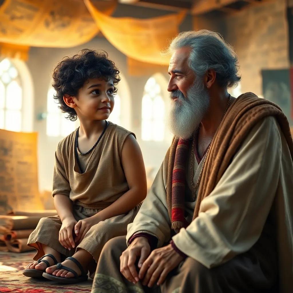 A young boy, Solomon, with curly dark hair, wearing a simple tunic and sandals, sitting next to an older man with a wise expression, both looking at each other in a bright room filled with scrolls, ancient and colorful, warm light, engaging atmosphere, high quality
