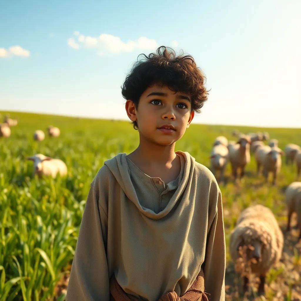 A young boy, Solomon, with curly dark hair, looking thoughtfully at a field filled with crops and sheep, wearing a simple tunic, sunny day, greens and bright colors, child-friendly, vibrant environment, storytelling view, high quality