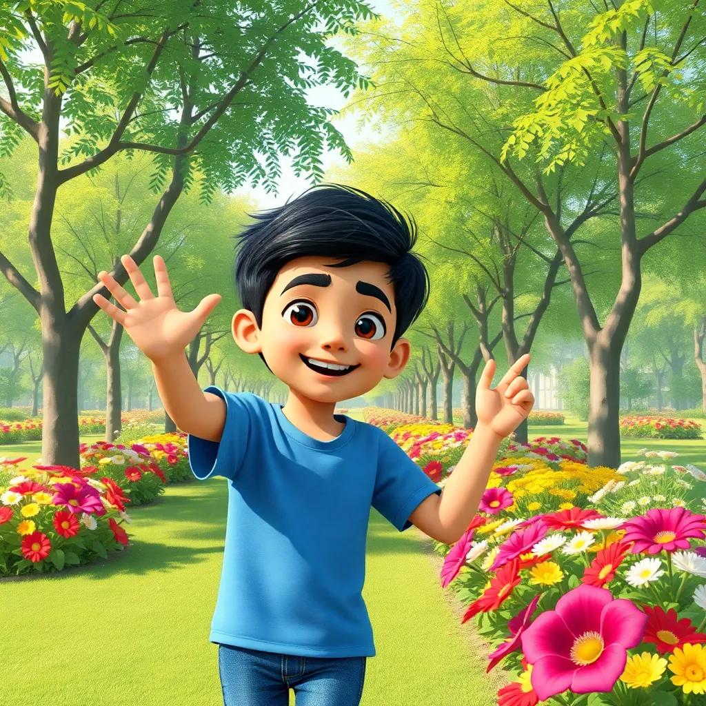 A young Arab boy, Salim, with short black hair, wearing a blue t-shirt and jeans, playing in a park with green trees and colorful flowers, cheerful atmosphere, digital illustration, high quality
