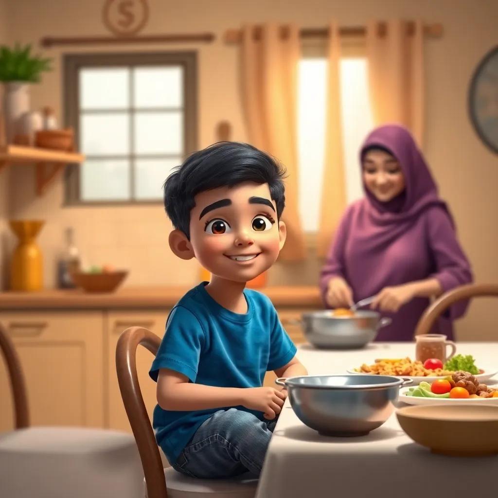 A young Arab boy, Salim, with short black hair, wearing a blue t-shirt and jeans, sitting at the dining table with his mother who is preparing food, warm lighting, cozy kitchen, mother smiling, high quality