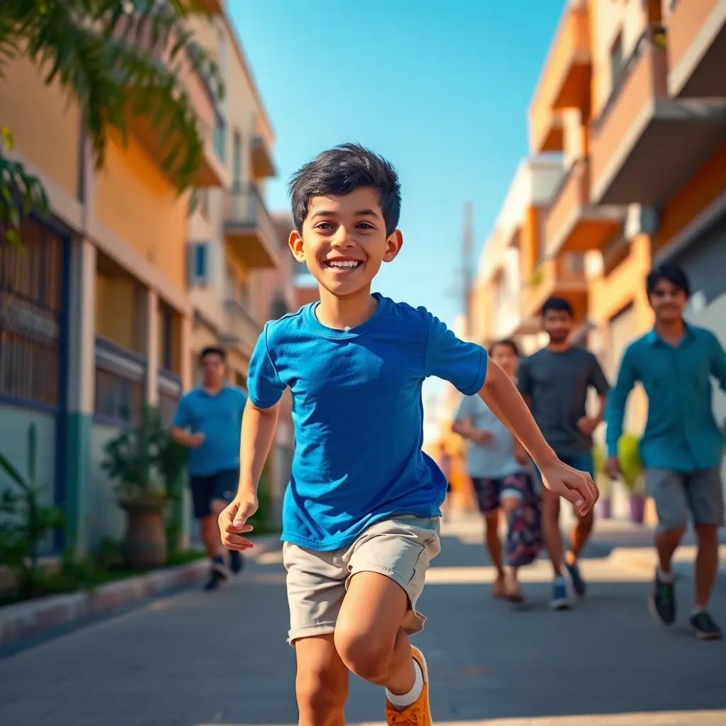 A young Arab boy, Salim, with short black hair, wearing a blue t-shirt and shorts, running happily with friends in a sunny neighborhood, lively atmosphere, cheerful environment, high quality