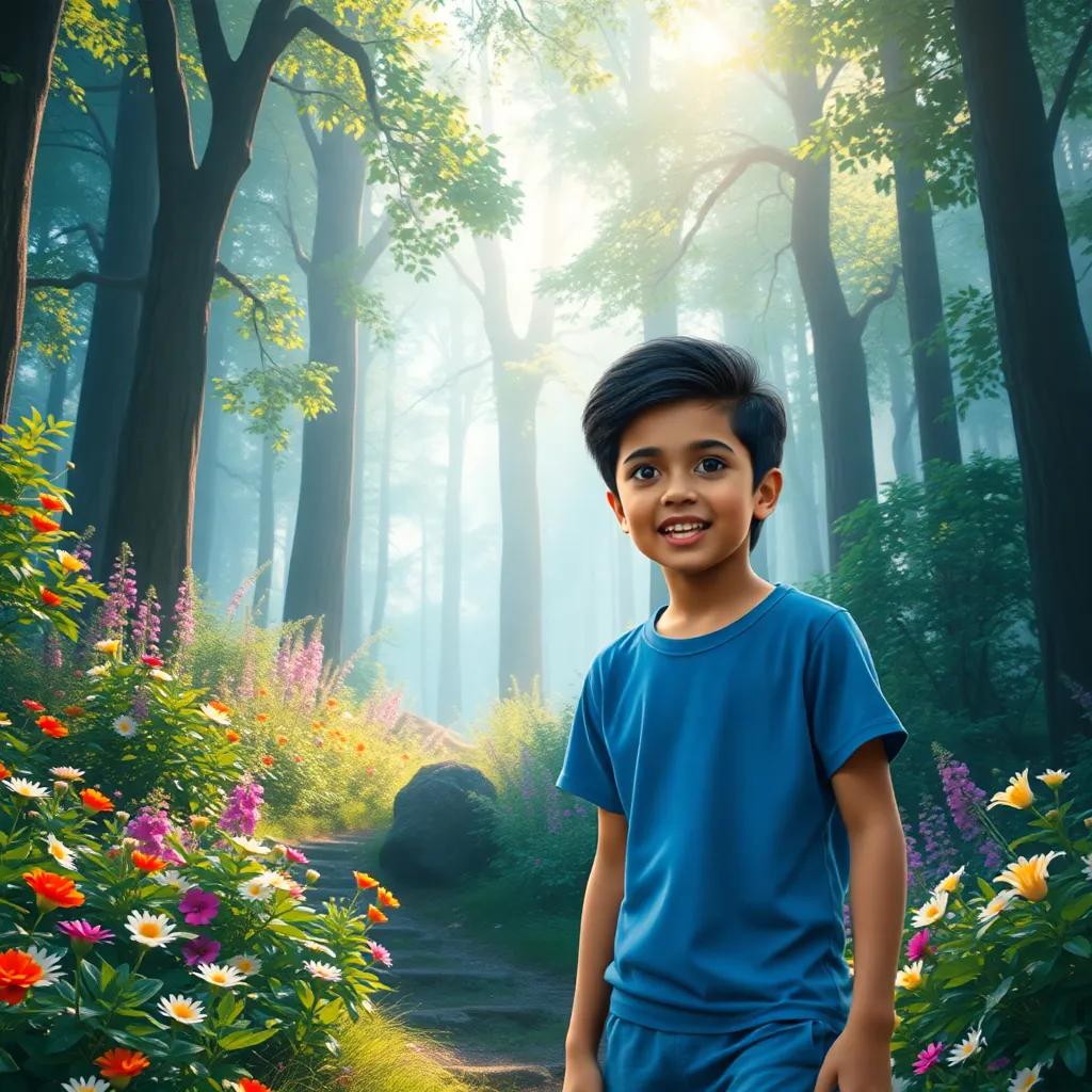 A young Arab boy, Salim, with short black hair, wearing a blue t-shirt and shorts, standing excited at the edge of a mystical forest with colorful flowers and tall trees, bright sunlight filtering through leaves, magical atmosphere, high quality