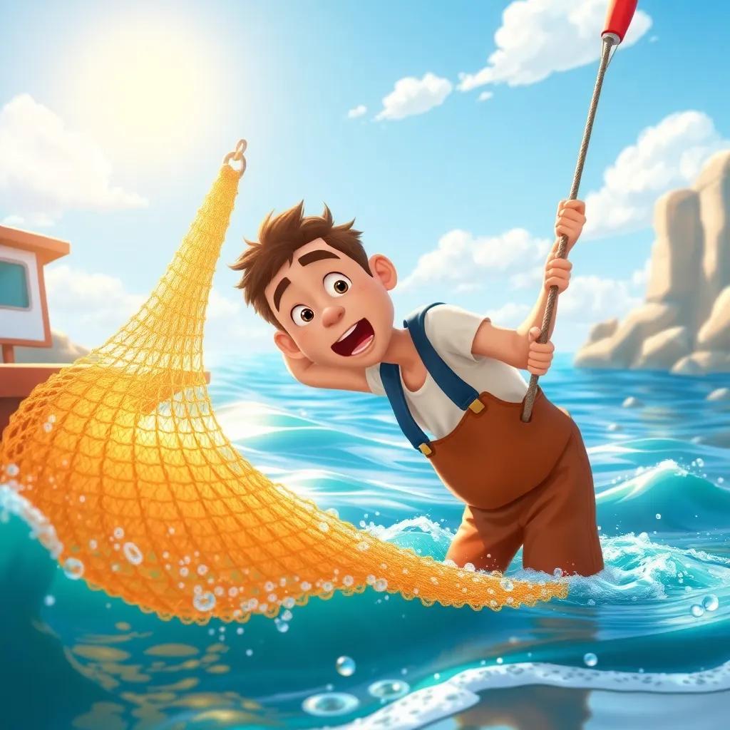 A bright sunny day, a fisherman pulling a net from the water with a surprised look, coastal scenery, cheerful atmosphere, warm colors, high-quality