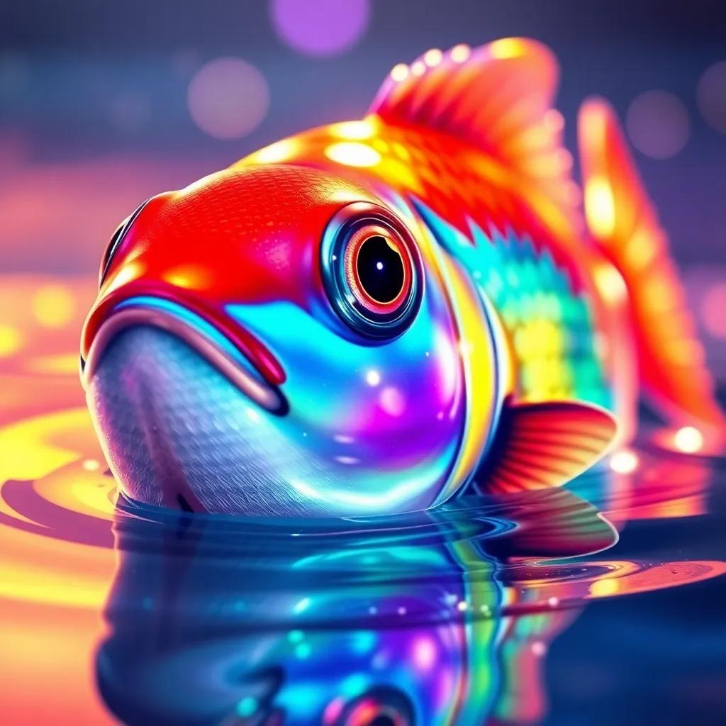 A shiny colorful fish peeking out of the water, its scales glimmering, an enchanting scene, magical vibes, vibrant colors, high-quality