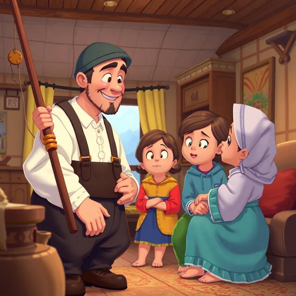 A fisherman in traditional attire with a fishing rod erzählen, his family listening with curiosity, cozy home atmosphere, detailed interior, warm colors