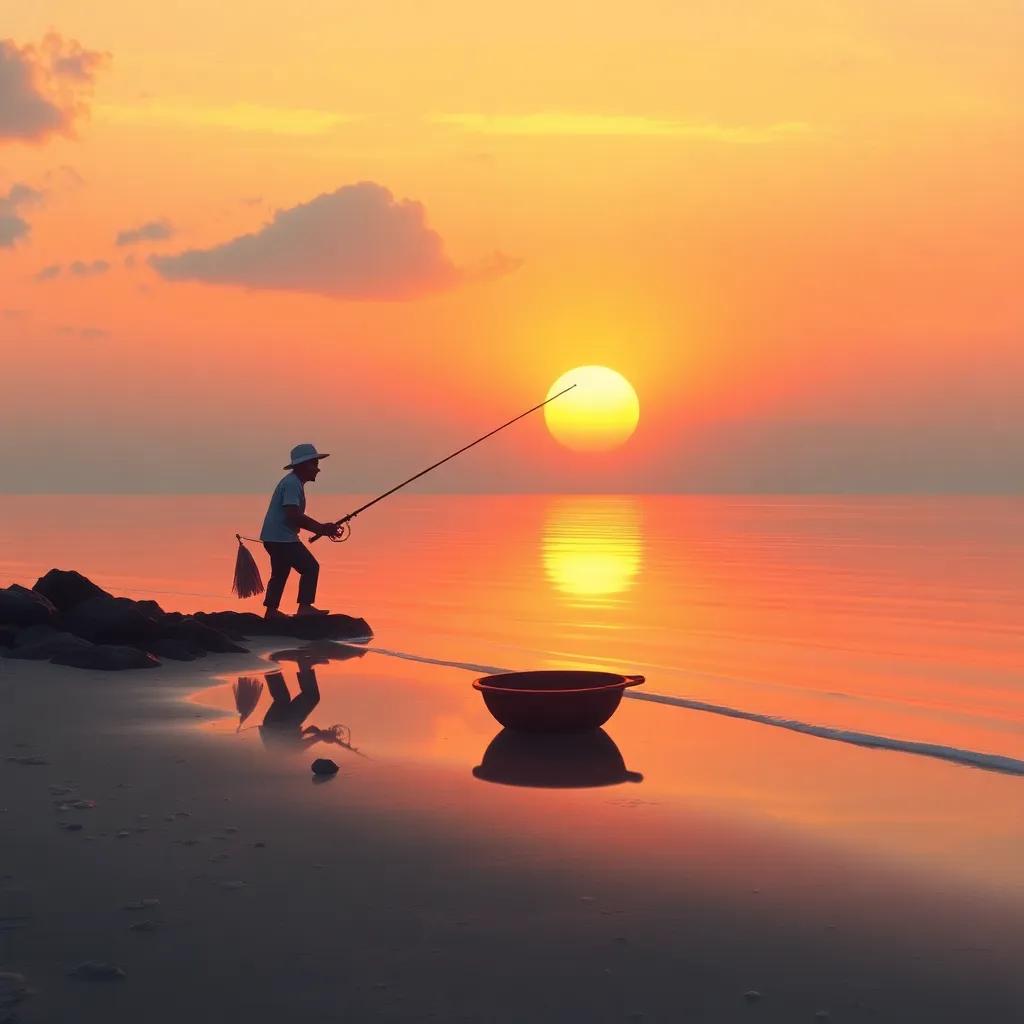 A beautiful sunrise as the fisherman reflects, a sense of hope in the air, peaceful beach view, soft colors, high-quality