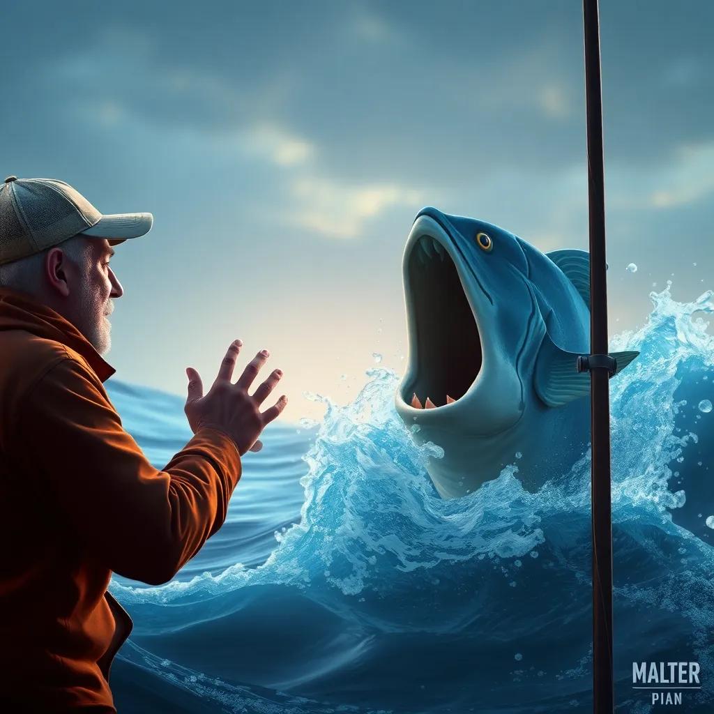 A shocked fisherman hearing the fish's voice from the sea, with waves splashing, dramatic lighting, vivid details
