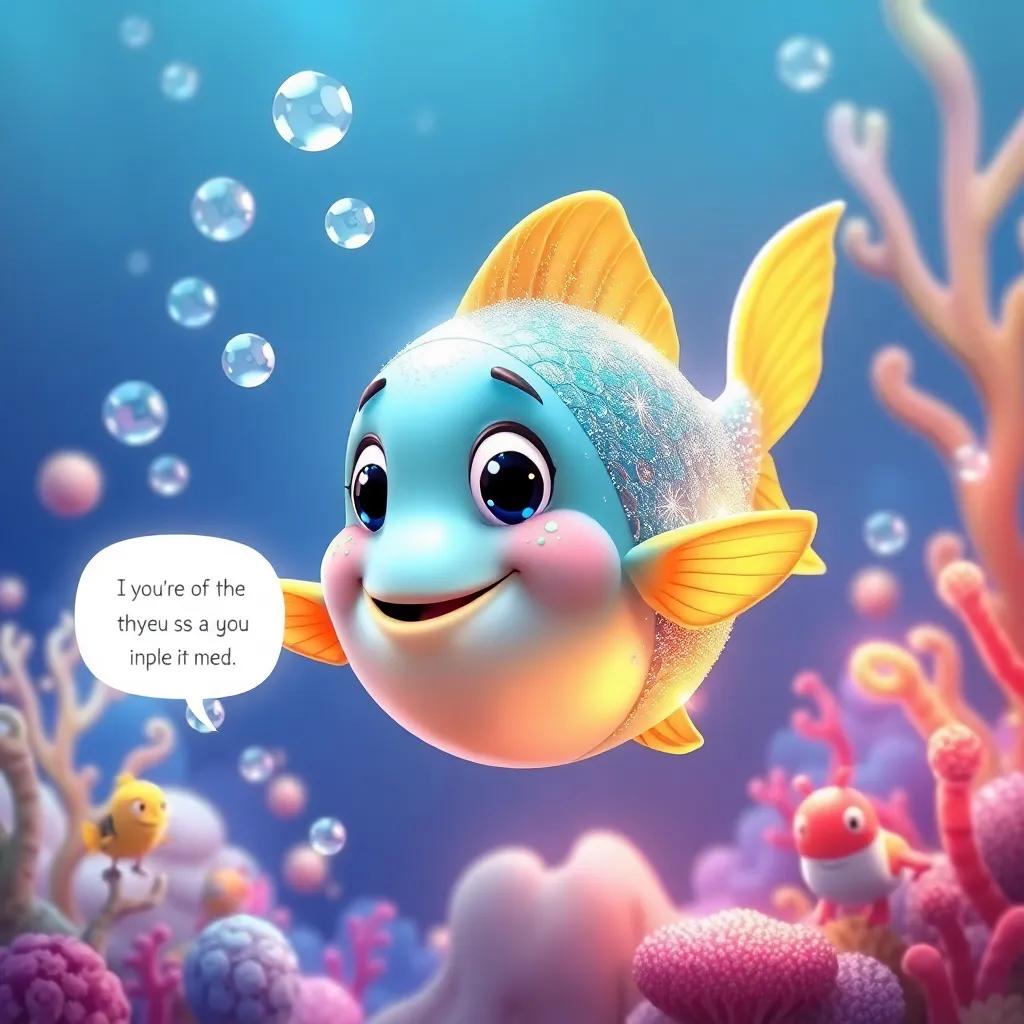 A magical fish with sparkling scales giving advice, surrounded by bubbles and ocean creatures, whimsical scene, bright colors, high-quality