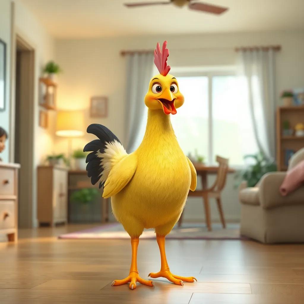 A yellow chicken with a black spot on its tail standing proudly in a family home, radiating joy, warm light, inviting environment, high-quality