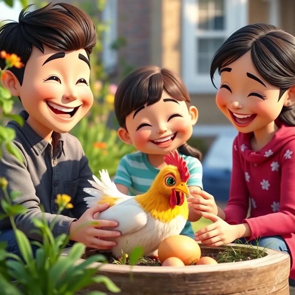 A family of three happily taking care of a golden egg-laying chicken, joy on their faces, home garden, bright and colorful, high-quality